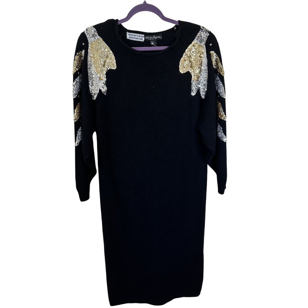 Vtg Black Sequin Embellished Sweater Dress By Gladys Bagley Womens 90s Silk
